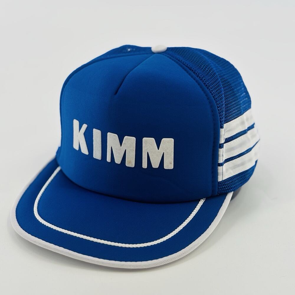 Vintage 80’s Trucker Hat 3 Stripe Snapback Kimm Flock Print Blue White Nissan